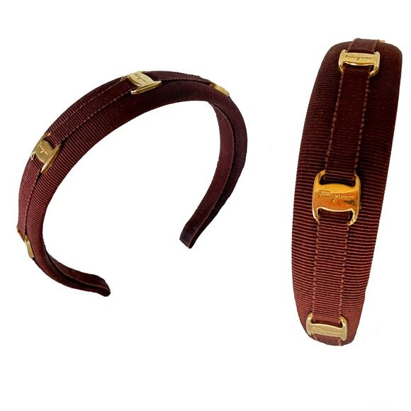 RARE Ferragamo Vara Brown Gold Grosgrain Timeless Chic Classic Headband - Picture 1 of 6